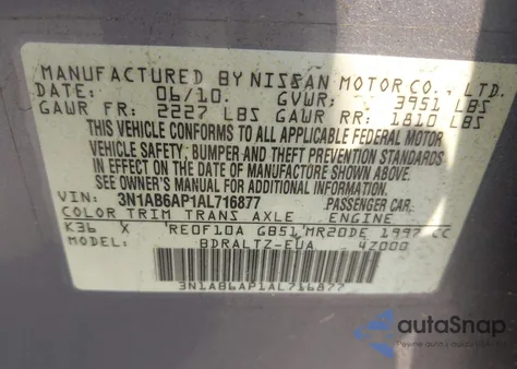 2010 Nissan Sentra 2.0S из США, поврежденный, VIN 3N1AB6AP1AL716877